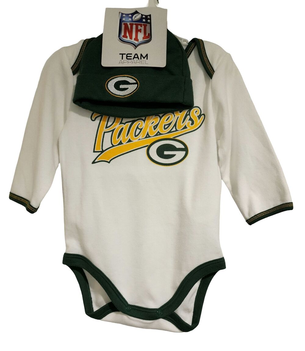 NWT Green Bay Packers Baby Bodysuit Cap Set 3-6mo 2 Pc NFL White Green Jersey